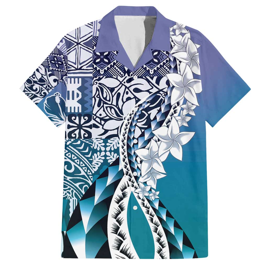 Aloha Vintage Plumeria Hawaiian Tapa Pattern Family Matching Off Shoulder Maxi Dress and Hawaiian Shirt Blue Hawaiian Tapa Pattern LT9 Dad's Shirt - Short Sleeve Blue - Polynesian Pride