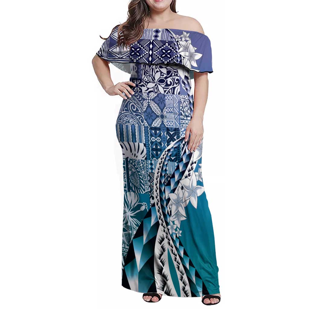Aloha Vintage Plumeria Hawaiian Tapa Pattern Family Matching Off Shoulder Maxi Dress and Hawaiian Shirt Blue Hawaiian Tapa Pattern LT9 Mom's Dress Blue - Polynesian Pride
