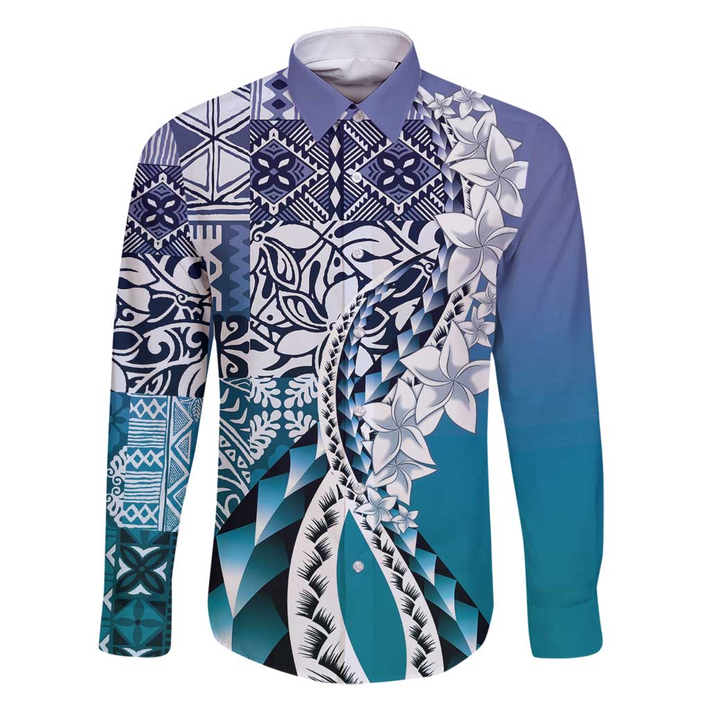 Aloha Vintage Plumeria Hawaiian Tapa Pattern Family Matching Off Shoulder Short Dress and Hawaiian Shirt Blue Hawaiian Tapa Pattern LT9 Dad's Shirt - Long Sleeve Blue - Polynesian Pride