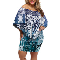 Aloha Vintage Plumeria Hawaiian Tapa Pattern Family Matching Off Shoulder Short Dress and Hawaiian Shirt Blue Hawaiian Tapa Pattern LT9 Mom's Dress Blue - Polynesian Pride