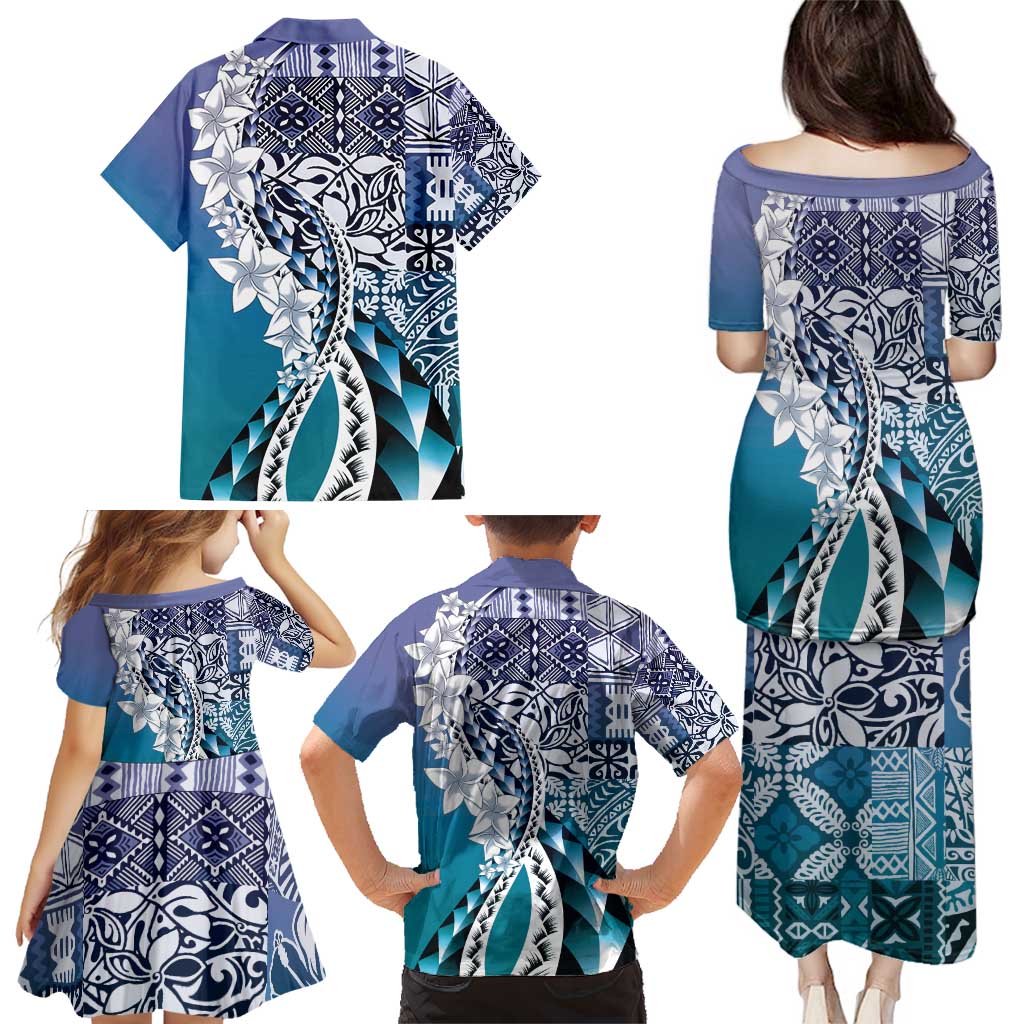 Aloha Vintage Plumeria Hawaiian Tapa Pattern Family Matching Puletasi and Hawaiian Shirt Blue Hawaiian Tapa Pattern LT9 - Polynesian Pride