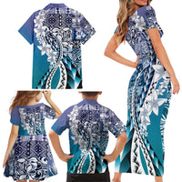 Aloha Vintage Plumeria Hawaiian Tapa Pattern Family Matching Short Sleeve Bodycon Dress and Hawaiian Shirt Blue Hawaiian Tapa Pattern LT9 - Polynesian Pride