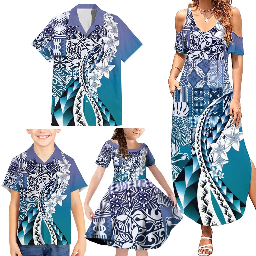 Aloha Vintage Plumeria Hawaiian Tapa Pattern Family Matching Summer Maxi Dress and Hawaiian Shirt Blue Hawaiian Tapa Pattern LT9 - Polynesian Pride