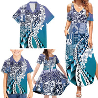 Aloha Vintage Plumeria Hawaiian Tapa Pattern Family Matching Summer Maxi Dress and Hawaiian Shirt Blue Hawaiian Tapa Pattern LT9 - Polynesian Pride