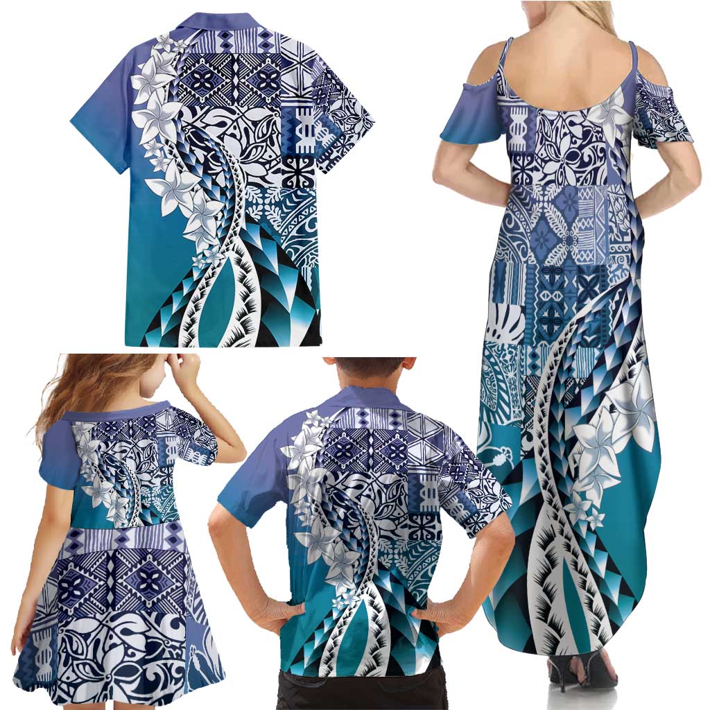Aloha Vintage Plumeria Hawaiian Tapa Pattern Family Matching Summer Maxi Dress and Hawaiian Shirt Blue Hawaiian Tapa Pattern LT9 - Polynesian Pride