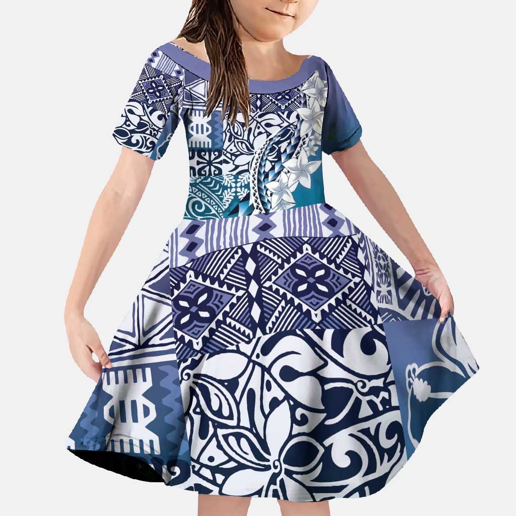 Aloha Vintage Plumeria Hawaiian Tapa Pattern Family Matching Tank Maxi Dress and Hawaiian Shirt Blue Hawaiian Tapa Pattern LT9 Daughter's Dress Blue - Polynesian Pride