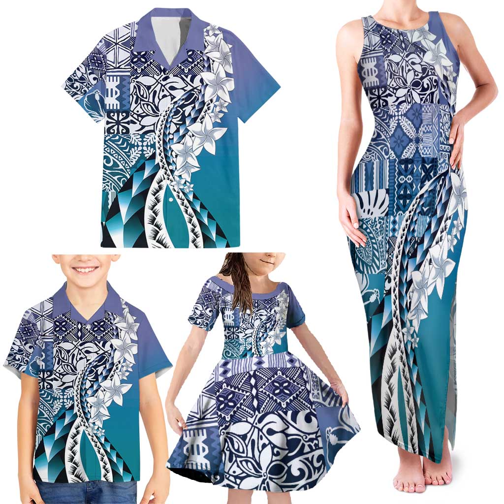 Aloha Vintage Plumeria Hawaiian Tapa Pattern Family Matching Tank Maxi Dress and Hawaiian Shirt Blue Hawaiian Tapa Pattern LT9 - Polynesian Pride