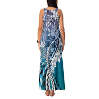 Aloha Vintage Plumeria Hawaiian Tapa Pattern Family Matching Tank Maxi Dress and Hawaiian Shirt Blue Hawaiian Tapa Pattern LT9 - Polynesian Pride
