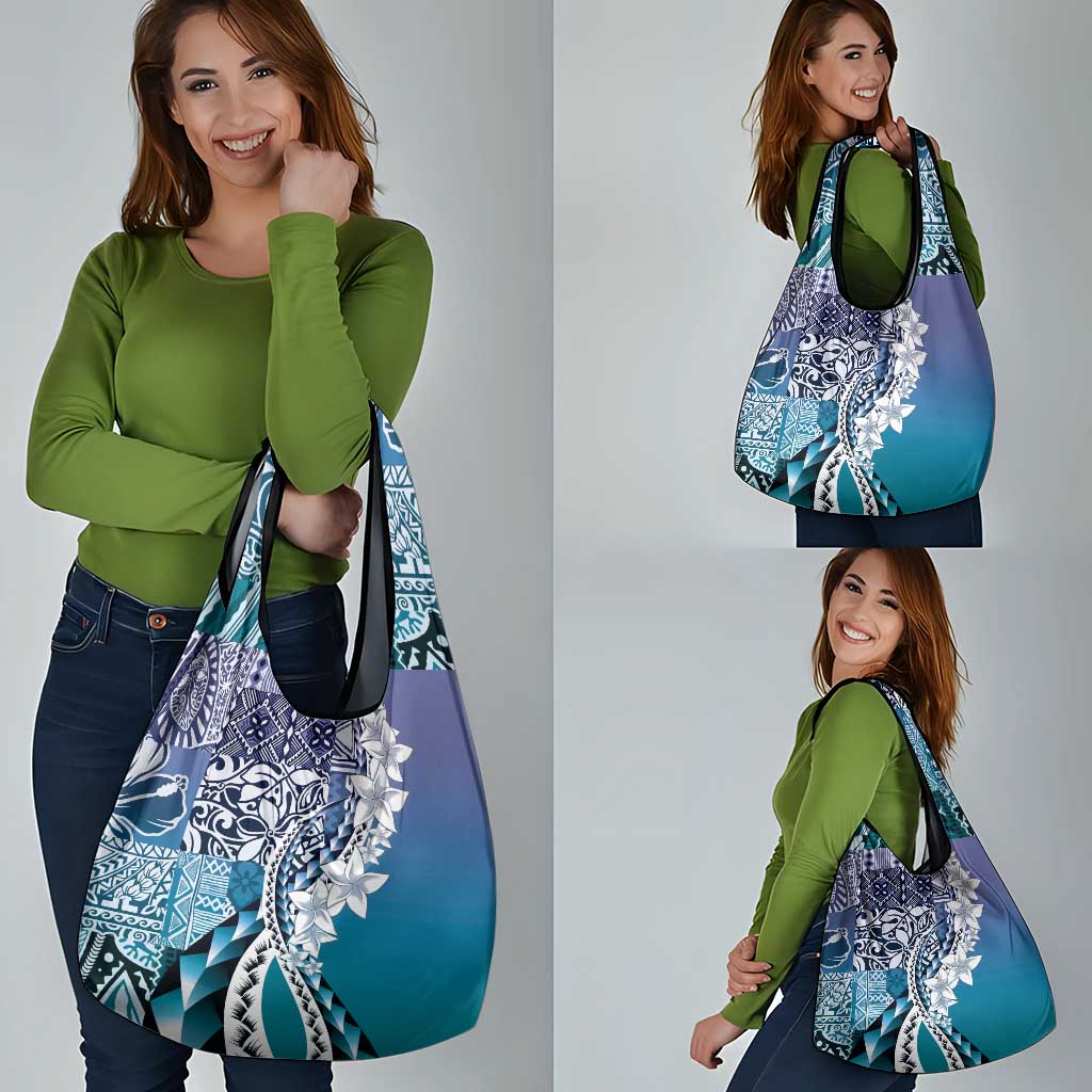 Aloha Vintage Plumeria Hawaiian Tapa Pattern Grocery Bag Blue Hawaiian Tapa Pattern - Polynesian Pride