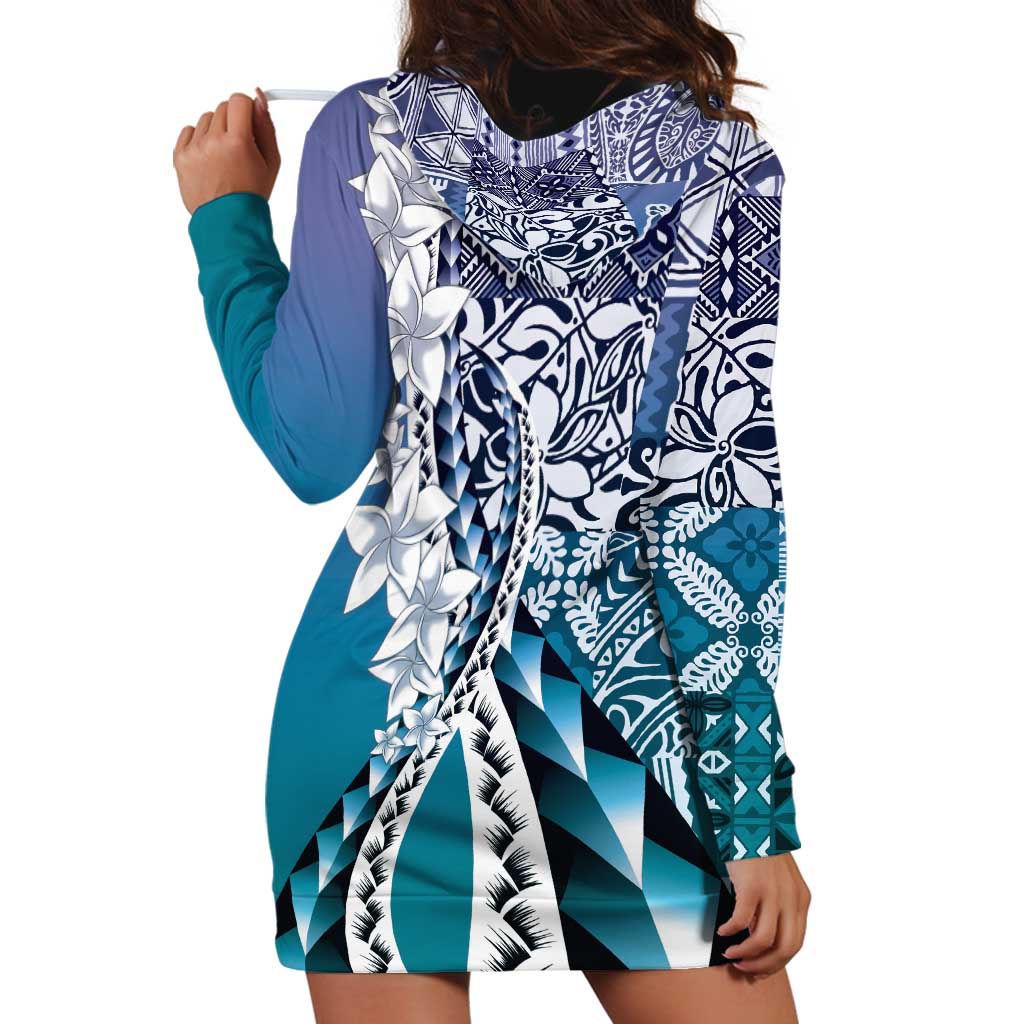 Aloha Vintage Plumeria Hawaiian Tapa Pattern Hoodie Dress Blue Hawaiian Tapa Pattern - Polynesian Pride