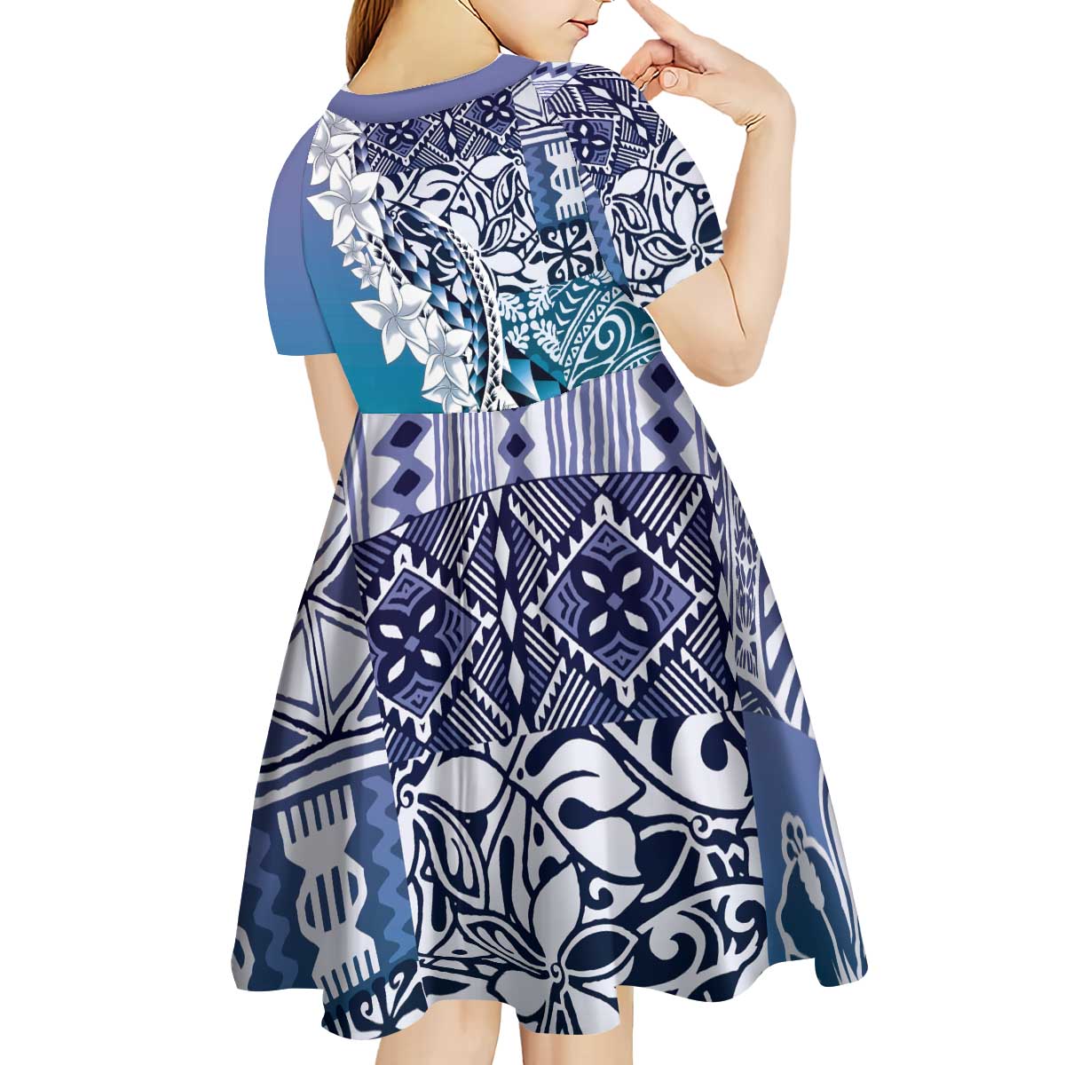 Aloha Vintage Plumeria Hawaiian Tapa Pattern Kid Short Sleeve Dress Blue Hawaiian Tapa Pattern - Polynesian Pride