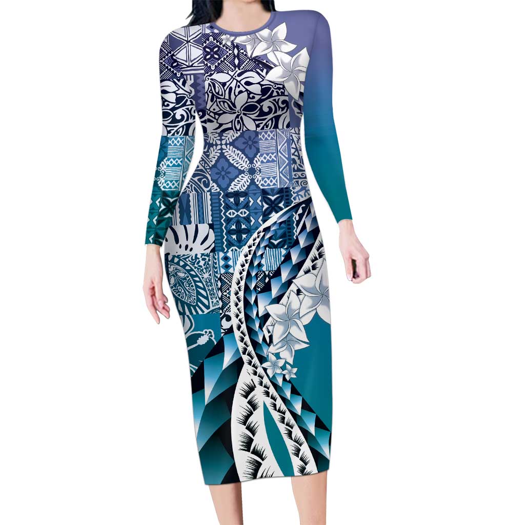 Aloha Vintage Plumeria Hawaiian Tapa Pattern Long Sleeve Bodycon Dress Blue Hawaiian Tapa Pattern - Polynesian Pride
