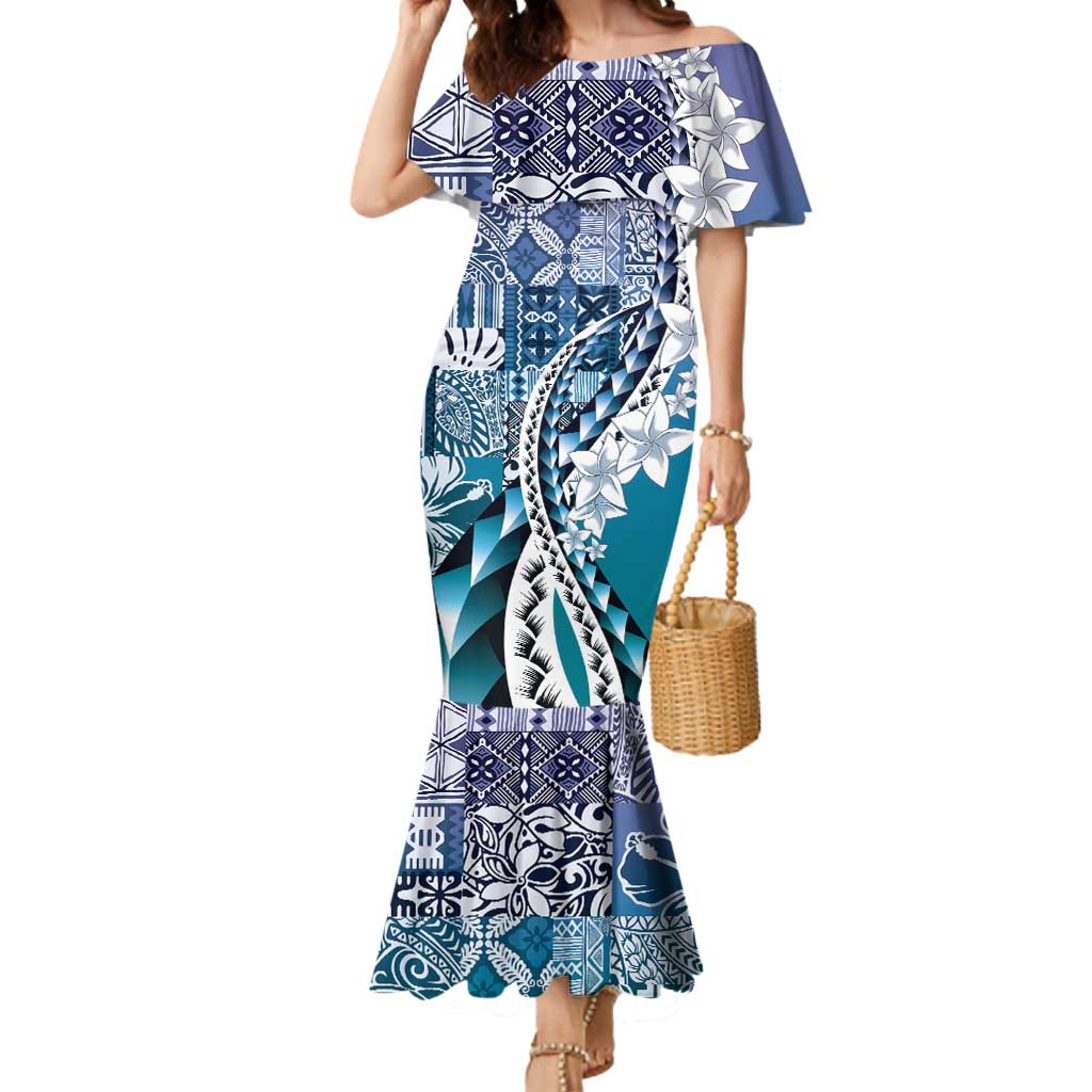 Aloha Vintage Plumeria Hawaiian Tapa Pattern Mermaid Dress Blue Hawaiian Tapa Pattern - Polynesian Pride