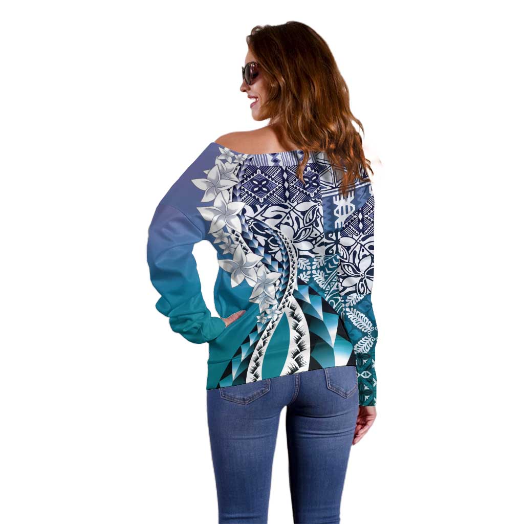 Aloha Vintage Plumeria Hawaiian Tapa Pattern Off Shoulder Sweater Blue Hawaiian Tapa Pattern - Polynesian Pride