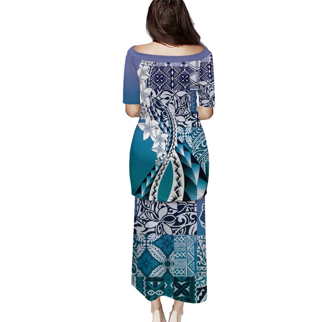 Aloha Vintage Plumeria Hawaiian Tapa Pattern Puletasi Blue Hawaiian Tapa Pattern - Polynesian Pride