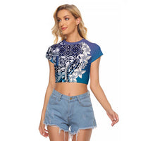 Aloha Vintage Plumeria Hawaiian Tapa Pattern Raglan Cropped T Shirt Blue Hawaiian Tapa Pattern LT9 Female Blue - Polynesian Pride