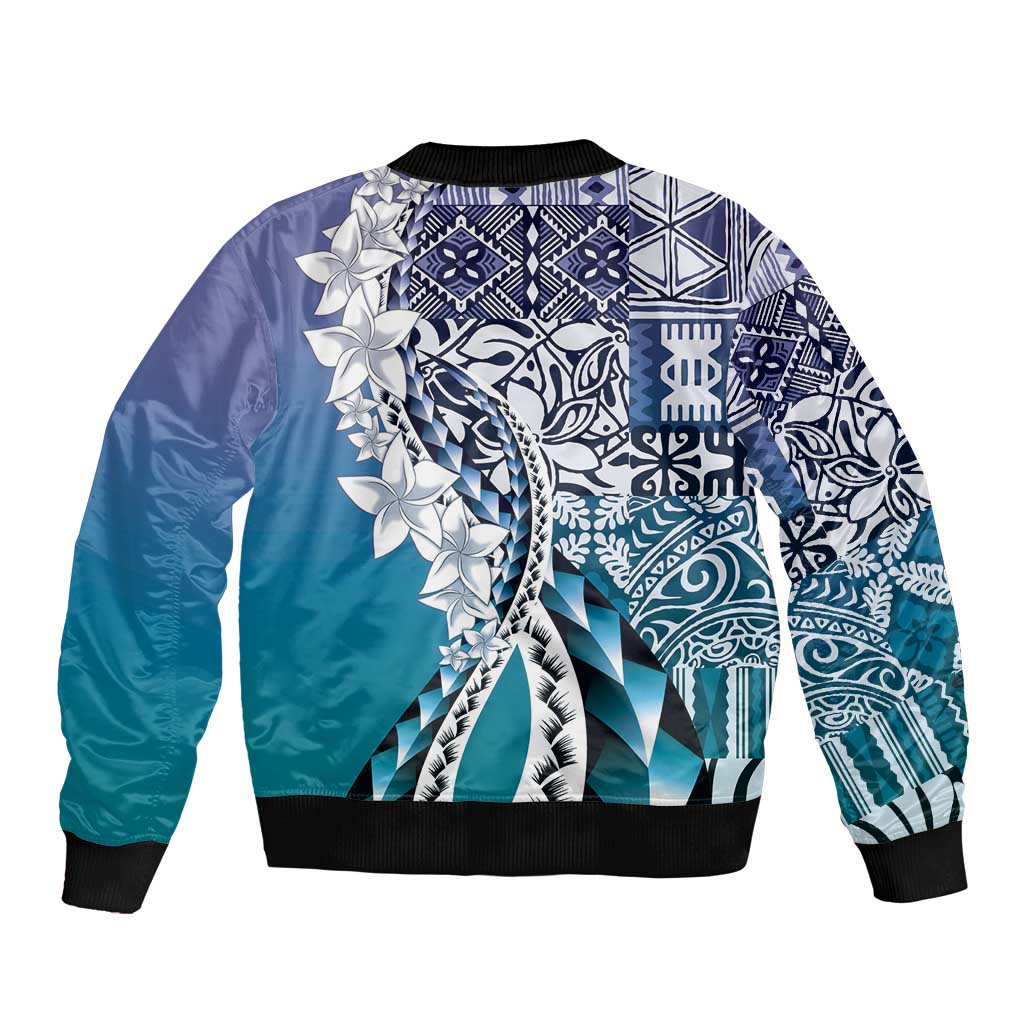 Aloha Vintage Plumeria Hawaiian Tapa Pattern Sleeve Zip Bomber Jacket Blue Hawaiian Tapa Pattern - Polynesian Pride