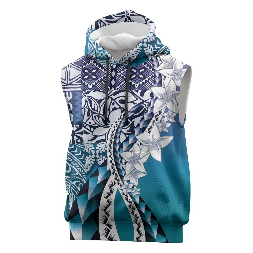 Aloha Vintage Plumeria Hawaiian Tapa Pattern Sleeveless Hoodie Blue Hawaiian Tapa Pattern - Polynesian Pride