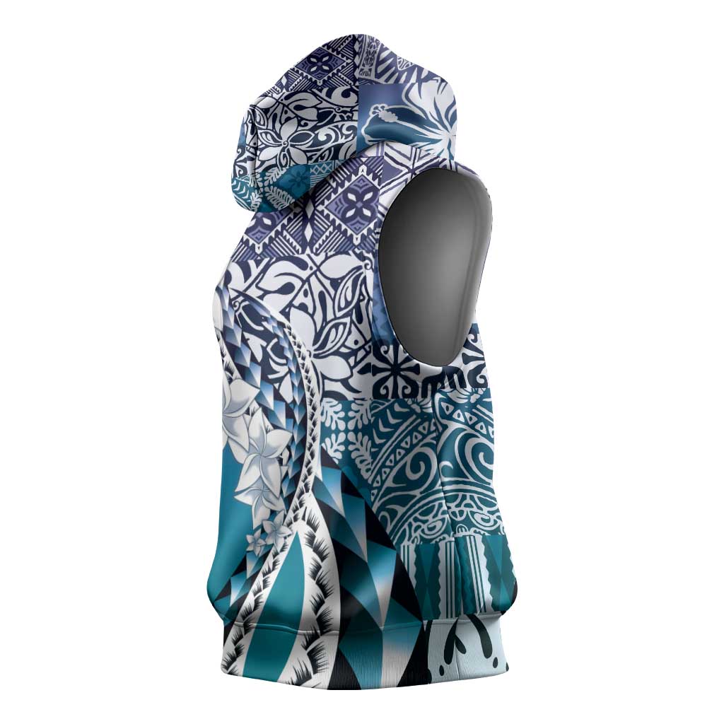 Aloha Vintage Plumeria Hawaiian Tapa Pattern Sleeveless Hoodie Blue Hawaiian Tapa Pattern - Polynesian Pride