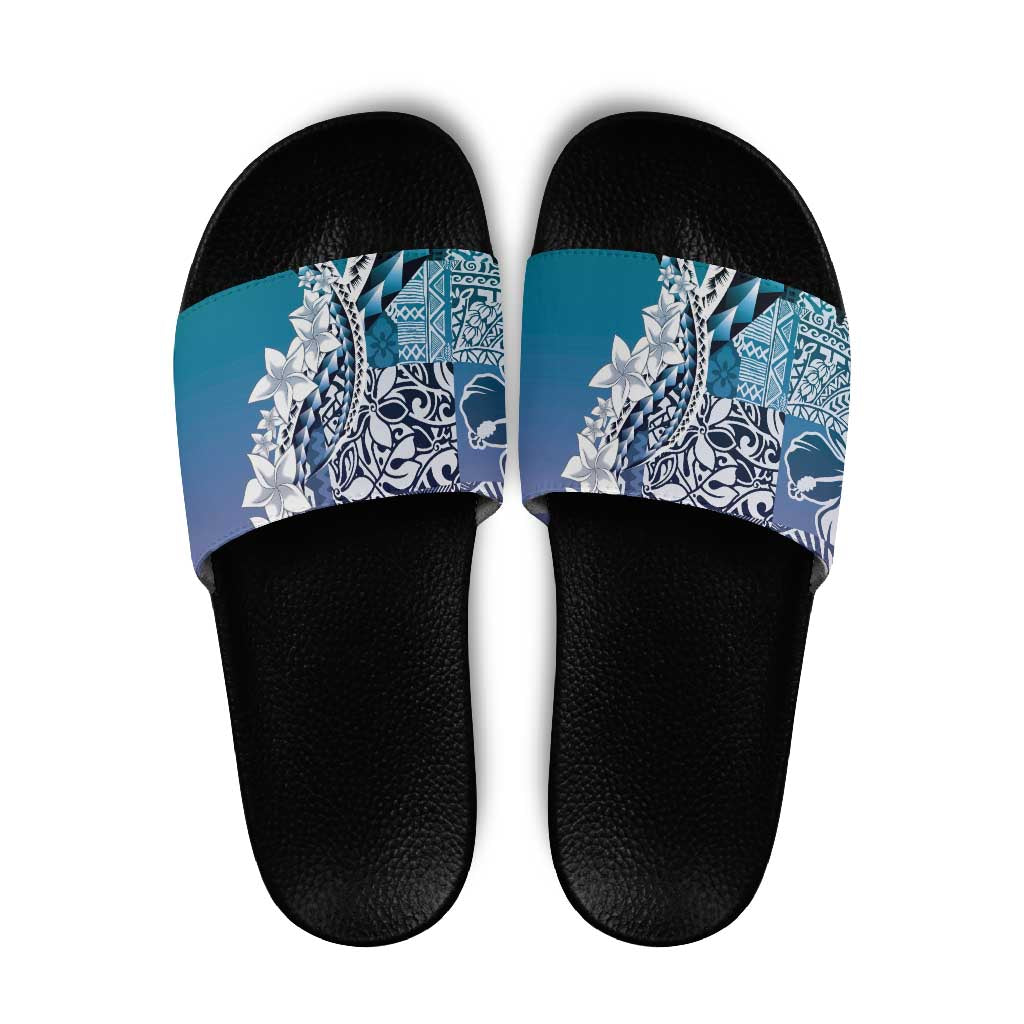 Aloha Vintage Plumeria Hawaiian Tapa Pattern Slide Sandals Blue Hawaiian Tapa Pattern - Polynesian Pride