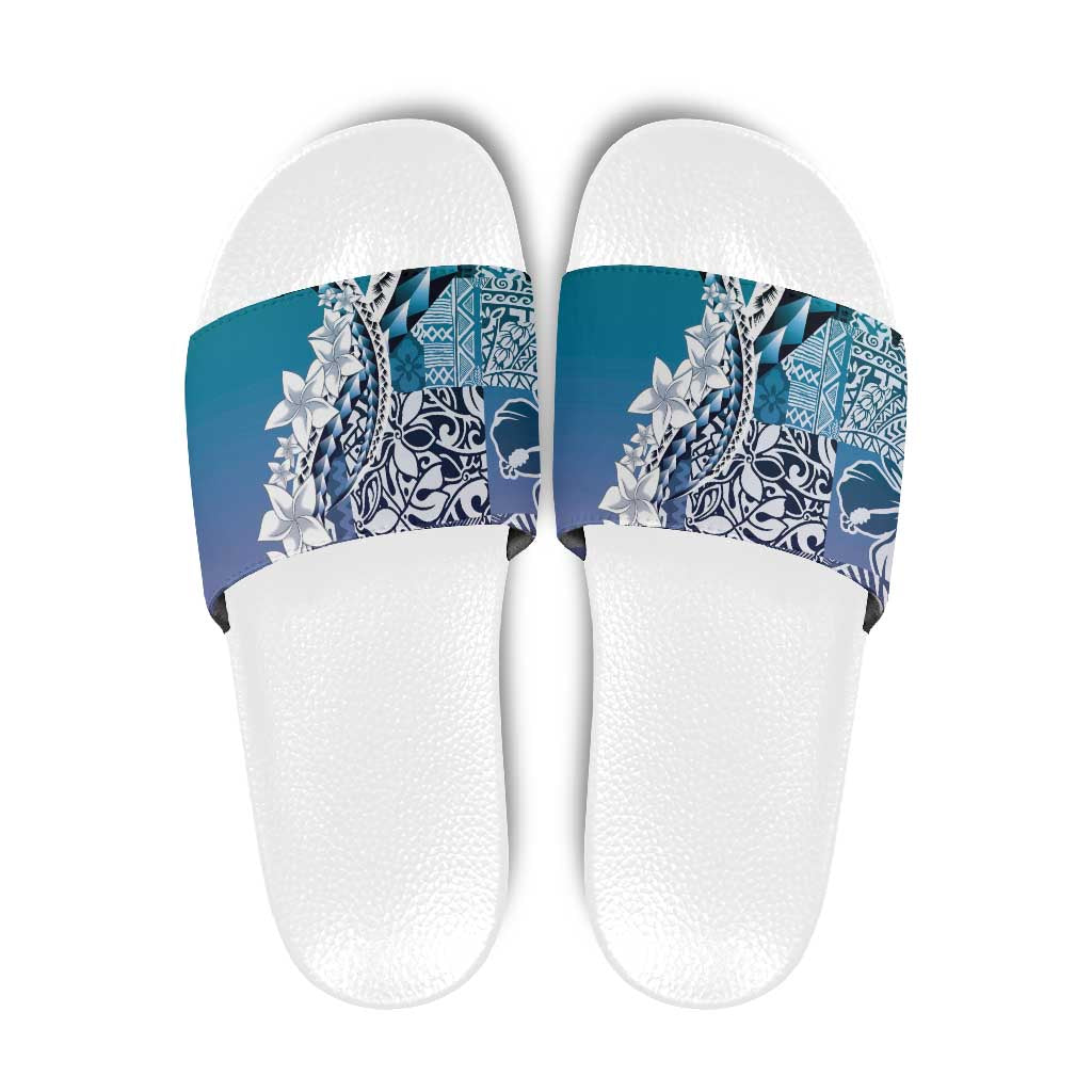 Aloha Vintage Plumeria Hawaiian Tapa Pattern Slide Sandals Blue Hawaiian Tapa Pattern - Polynesian Pride
