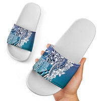Aloha Vintage Plumeria Hawaiian Tapa Pattern Slide Sandals Blue Hawaiian Tapa Pattern - Polynesian Pride