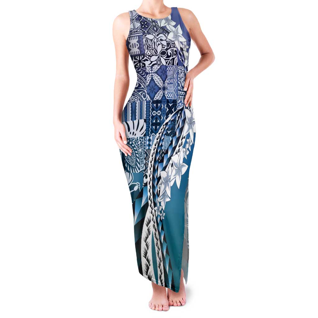 Aloha Vintage Plumeria Hawaiian Tapa Pattern Tank Maxi Dress Blue Hawaiian Tapa Pattern - Polynesian Pride