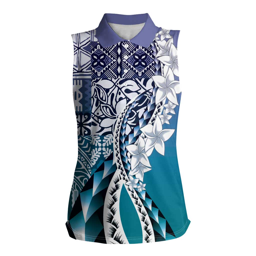 Aloha Vintage Plumeria Hawaiian Tapa Pattern Women Sleeveless Polo Shirt Blue Hawaiian Tapa Pattern LT9 Female Blue - Polynesian Pride