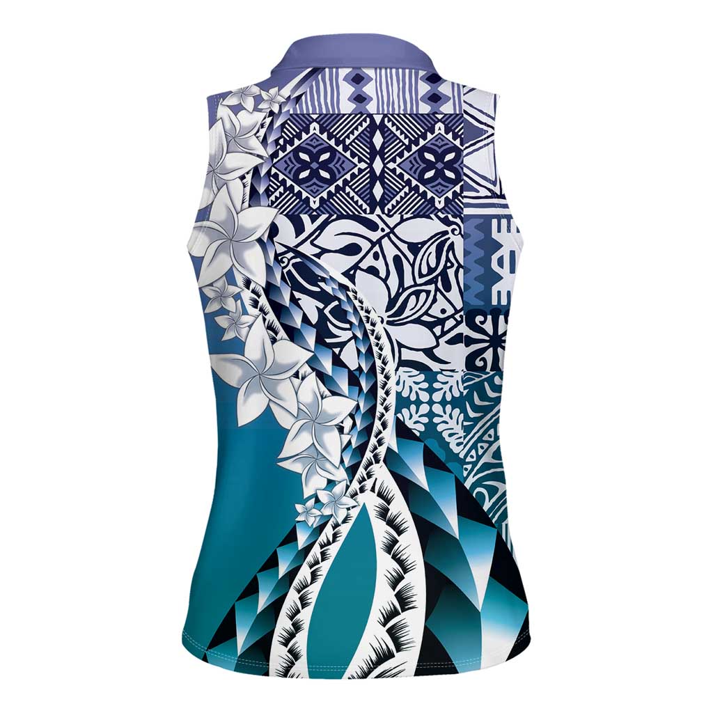 Aloha Vintage Plumeria Hawaiian Tapa Pattern Women Sleeveless Polo Shirt Blue Hawaiian Tapa Pattern LT9 - Polynesian Pride