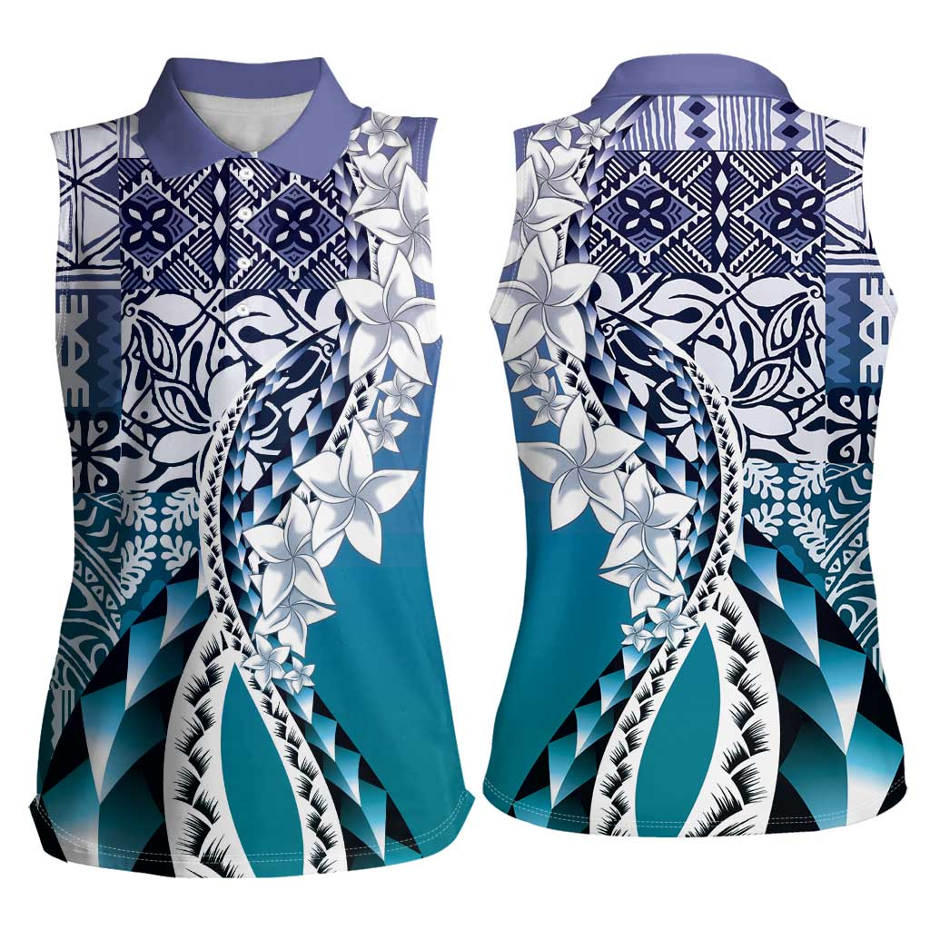 Aloha Vintage Plumeria Hawaiian Tapa Pattern Women Sleeveless Polo Shirt Blue Hawaiian Tapa Pattern LT9 - Polynesian Pride
