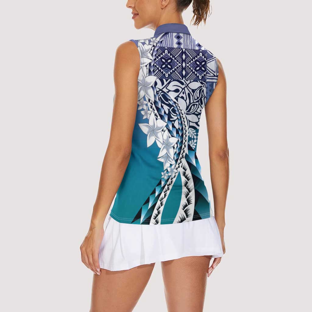 Aloha Vintage Plumeria Hawaiian Tapa Pattern Women Sleeveless Polo Shirt Blue Hawaiian Tapa Pattern LT9 - Polynesian Pride