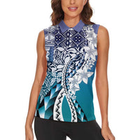 Aloha Vintage Plumeria Hawaiian Tapa Pattern Women Sleeveless Polo Shirt Blue Hawaiian Tapa Pattern LT9 - Polynesian Pride