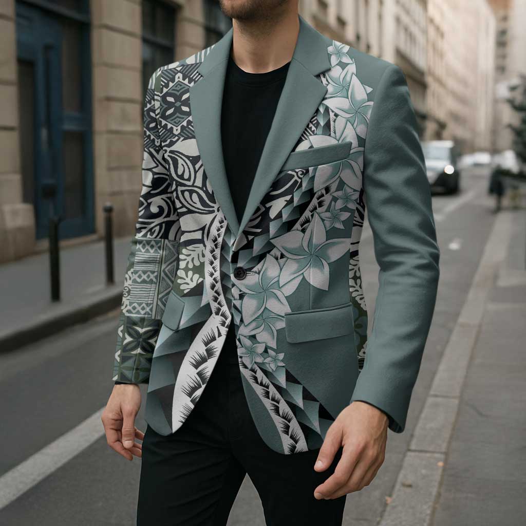 Aloha Vintage Plumeria Hawaiian Tapa Pattern Blazer Dark Turquoise Hawaiian Tapa Pattern - Polynesian Pride