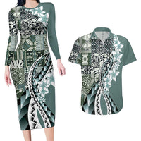 Aloha Vintage Plumeria Hawaiian Tapa Pattern Couples Matching Long Sleeve Bodycon Dress and Hawaiian Shirt Dark Turquoise Hawaiian Tapa Pattern LT9 Turquoise - Polynesian Pride