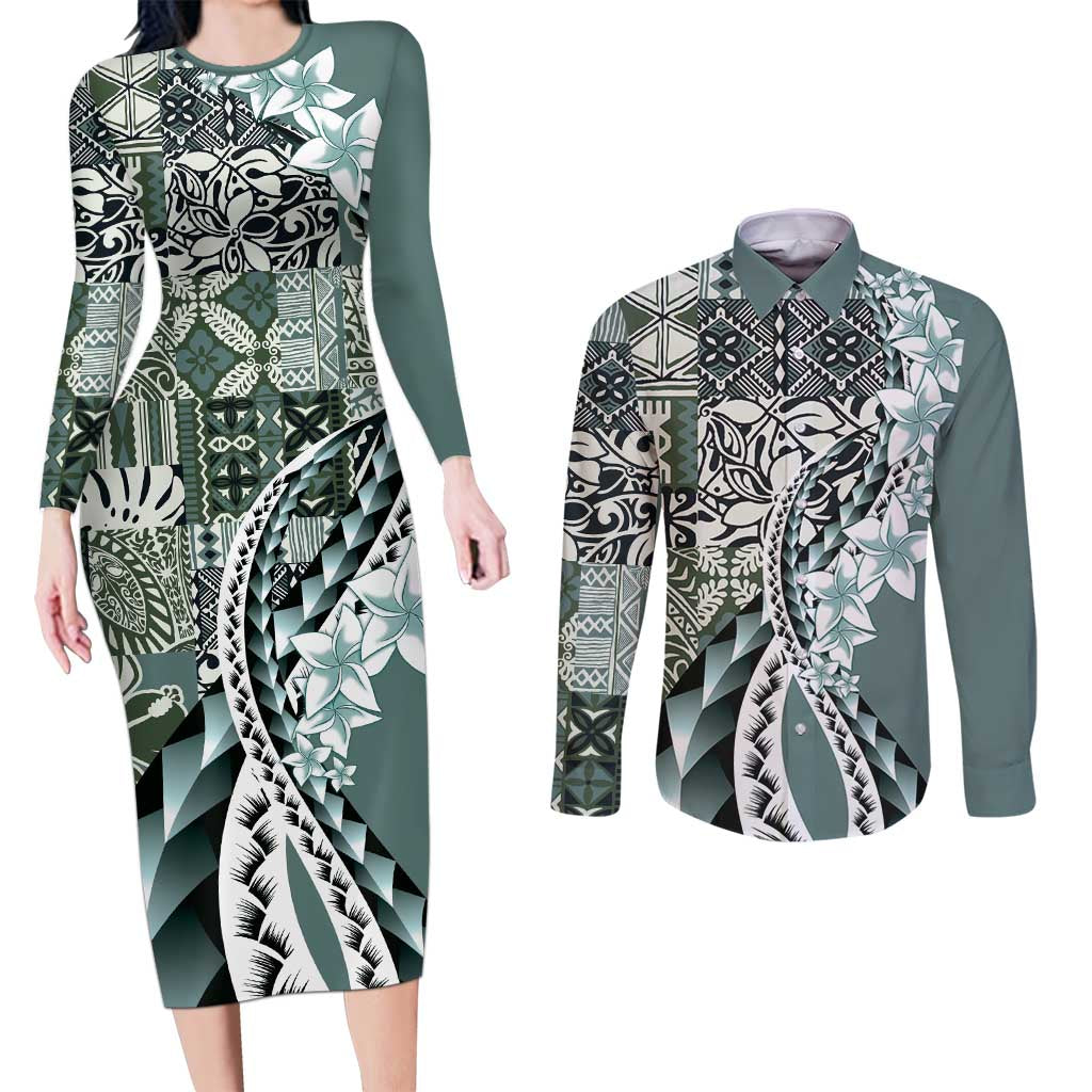 Aloha Vintage Plumeria Hawaiian Tapa Pattern Couples Matching Long Sleeve Bodycon Dress and Long Sleeve Button Shirt Dark Turquoise Hawaiian Tapa Pattern LT9 Turquoise - Polynesian Pride