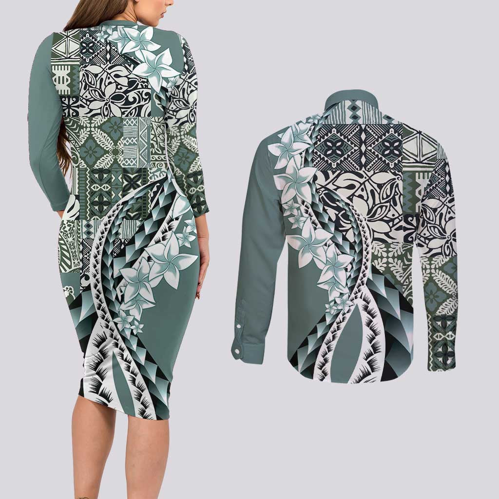 Aloha Vintage Plumeria Hawaiian Tapa Pattern Couples Matching Long Sleeve Bodycon Dress and Long Sleeve Button Shirt Dark Turquoise Hawaiian Tapa Pattern LT9 - Polynesian Pride