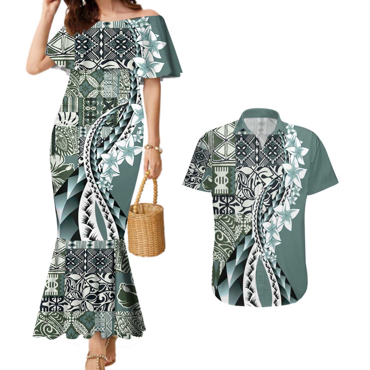 Aloha Vintage Plumeria Hawaiian Tapa Pattern Couples Matching Mermaid Dress and Hawaiian Shirt Dark Turquoise Hawaiian Tapa Pattern LT9 Turquoise - Polynesian Pride