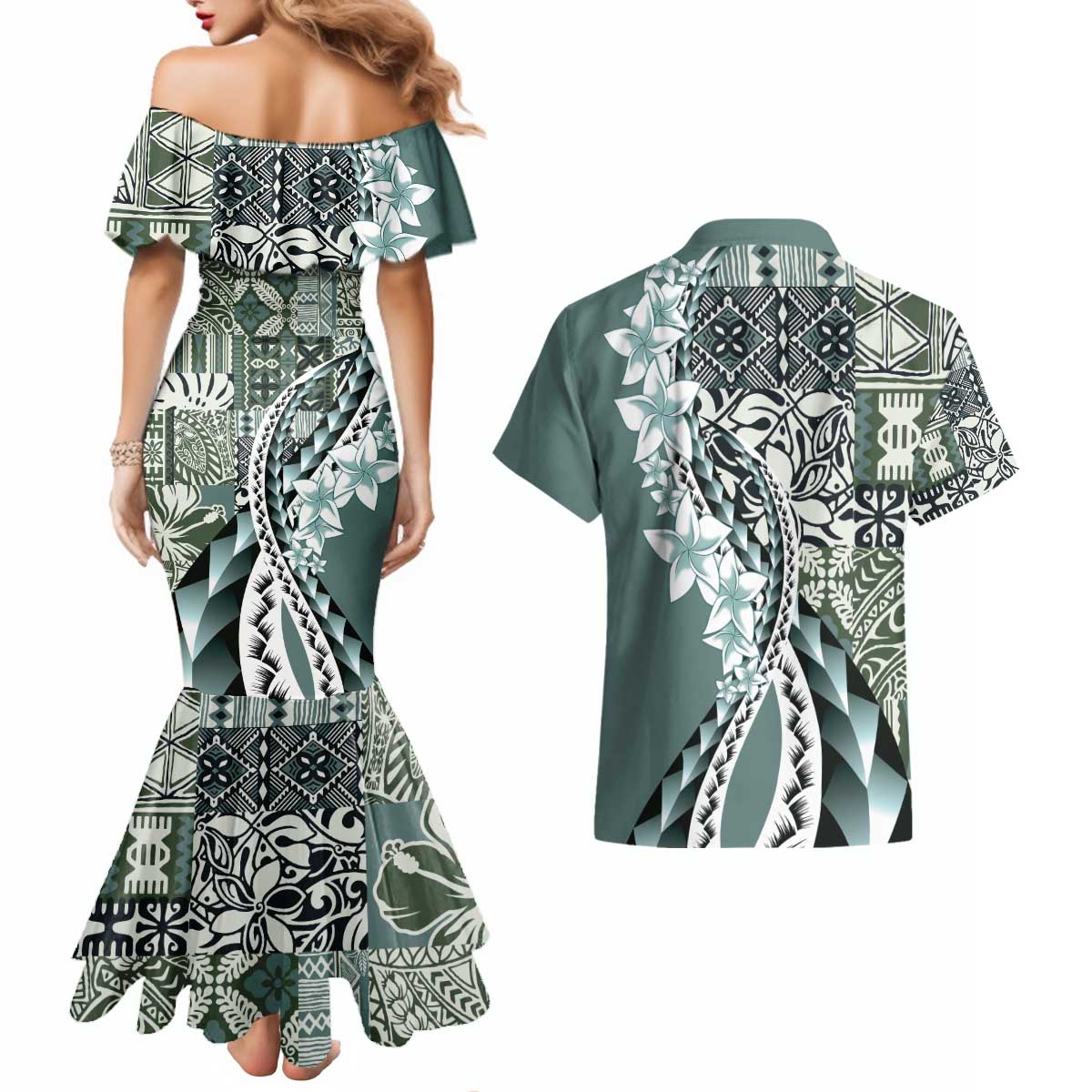 Aloha Vintage Plumeria Hawaiian Tapa Pattern Couples Matching Mermaid Dress and Hawaiian Shirt Dark Turquoise Hawaiian Tapa Pattern LT9 - Polynesian Pride