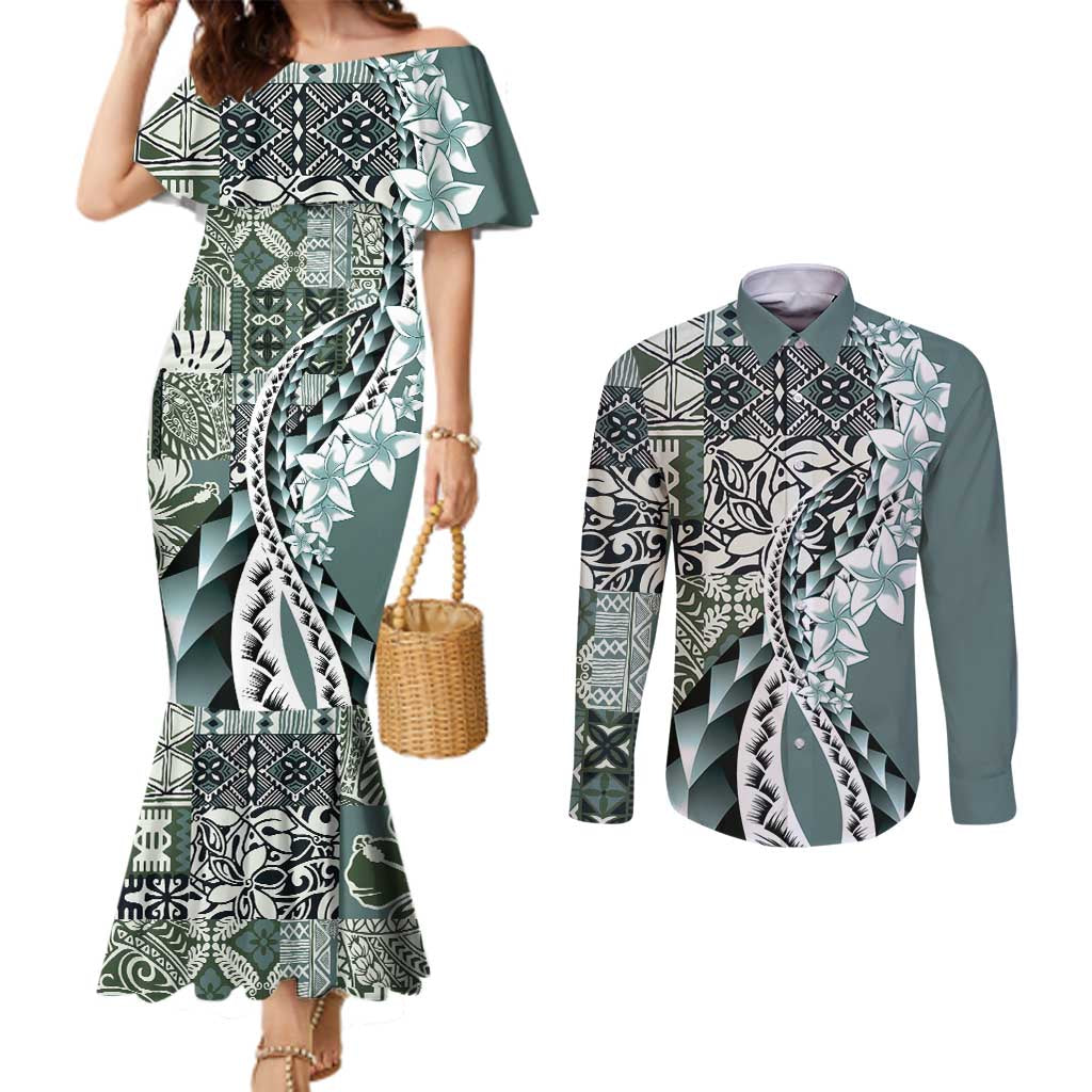 Aloha Vintage Plumeria Hawaiian Tapa Pattern Couples Matching Mermaid Dress and Long Sleeve Button Shirt Dark Turquoise Hawaiian Tapa Pattern LT9 Turquoise - Polynesian Pride
