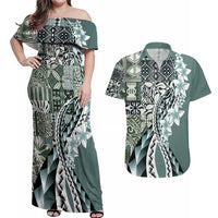 Aloha Vintage Plumeria Hawaiian Tapa Pattern Couples Matching Off Shoulder Maxi Dress and Hawaiian Shirt Dark Turquoise Hawaiian Tapa Pattern LT9 Turquoise - Polynesian Pride