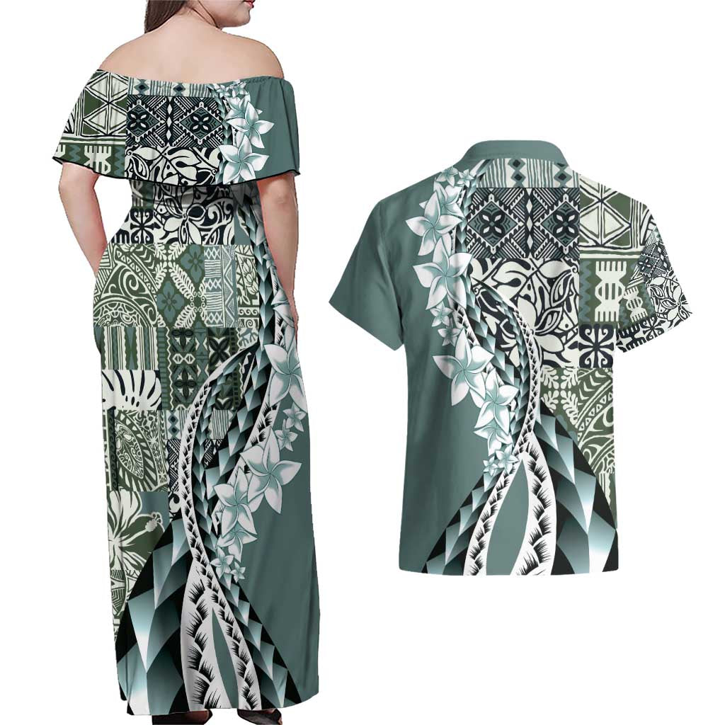 Aloha Vintage Plumeria Hawaiian Tapa Pattern Couples Matching Off Shoulder Maxi Dress and Hawaiian Shirt Dark Turquoise Hawaiian Tapa Pattern LT9 - Polynesian Pride