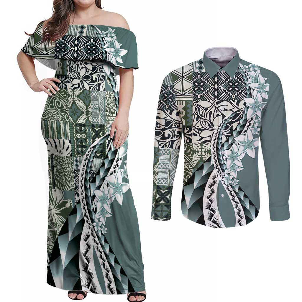 Aloha Vintage Plumeria Hawaiian Tapa Pattern Couples Matching Off Shoulder Maxi Dress and Long Sleeve Button Shirt Dark Turquoise Hawaiian Tapa Pattern LT9 Turquoise - Polynesian Pride