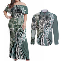 Aloha Vintage Plumeria Hawaiian Tapa Pattern Couples Matching Off Shoulder Maxi Dress and Long Sleeve Button Shirt Dark Turquoise Hawaiian Tapa Pattern LT9 Turquoise - Polynesian Pride