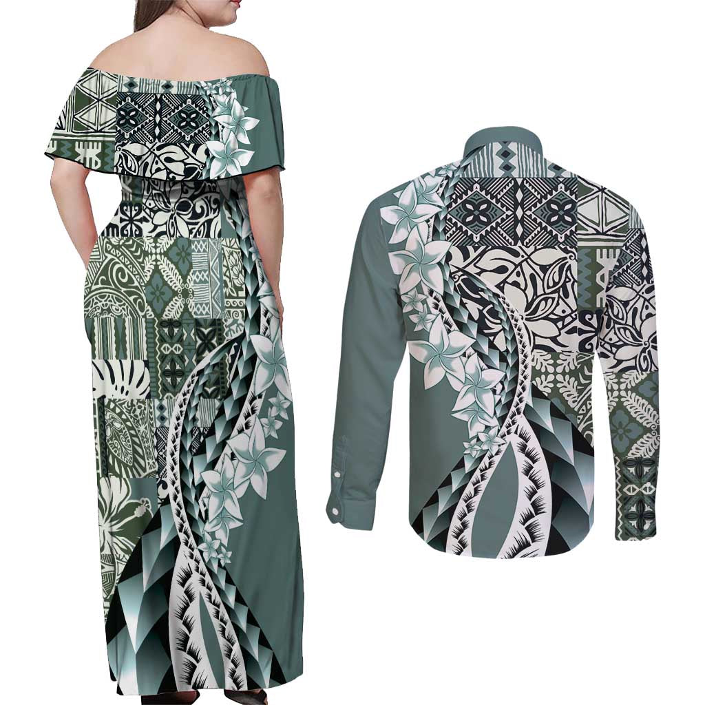 Aloha Vintage Plumeria Hawaiian Tapa Pattern Couples Matching Off Shoulder Maxi Dress and Long Sleeve Button Shirt Dark Turquoise Hawaiian Tapa Pattern LT9 - Polynesian Pride