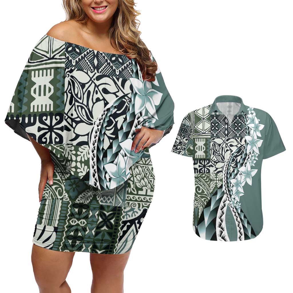 Aloha Vintage Plumeria Hawaiian Tapa Pattern Couples Matching Off Shoulder Short Dress and Hawaiian Shirt Dark Turquoise Hawaiian Tapa Pattern LT9 Turquoise - Polynesian Pride