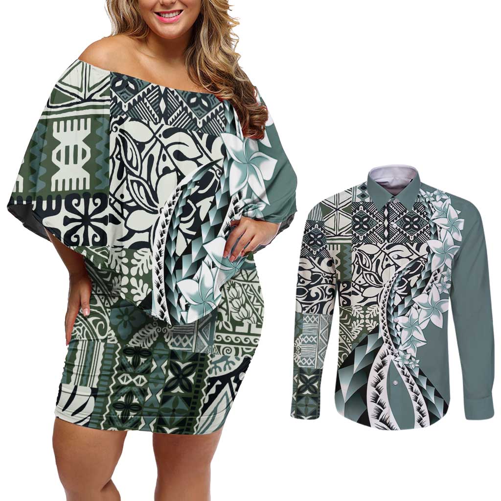 Aloha Vintage Plumeria Hawaiian Tapa Pattern Couples Matching Off Shoulder Short Dress and Long Sleeve Button Shirt Dark Turquoise Hawaiian Tapa Pattern LT9 Turquoise - Polynesian Pride