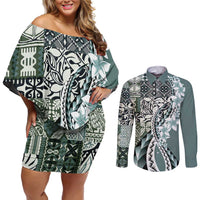 Aloha Vintage Plumeria Hawaiian Tapa Pattern Couples Matching Off Shoulder Short Dress and Long Sleeve Button Shirt Dark Turquoise Hawaiian Tapa Pattern LT9 Turquoise - Polynesian Pride