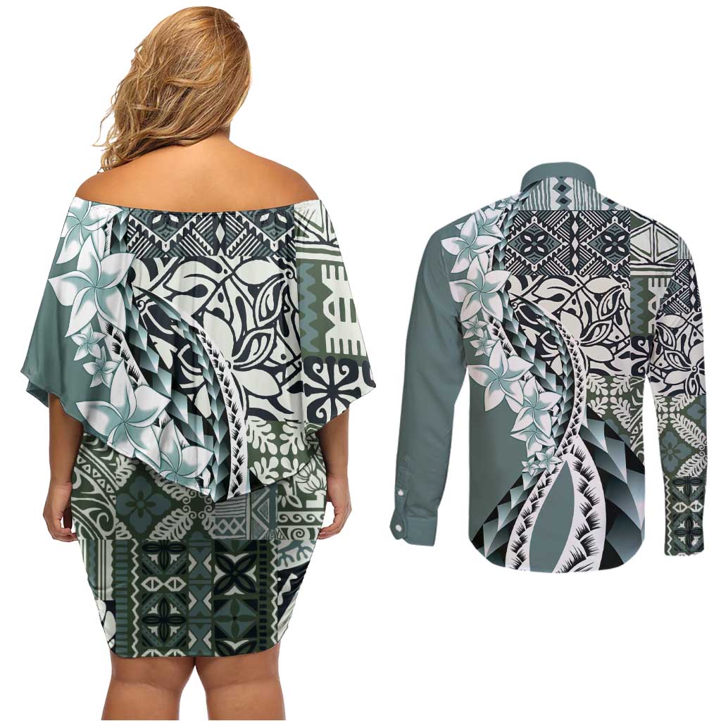 Aloha Vintage Plumeria Hawaiian Tapa Pattern Couples Matching Off Shoulder Short Dress and Long Sleeve Button Shirt Dark Turquoise Hawaiian Tapa Pattern LT9 - Polynesian Pride