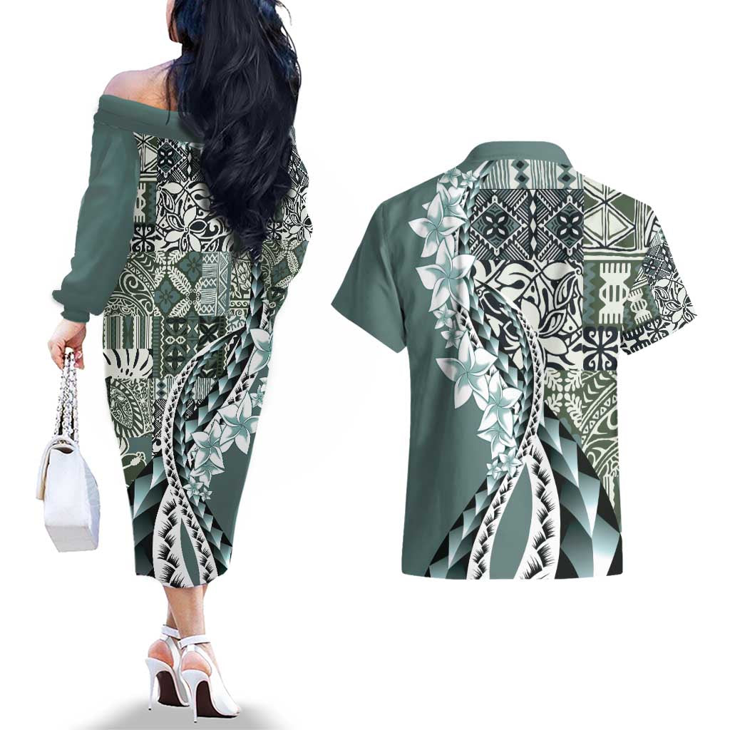 Aloha Vintage Plumeria Hawaiian Tapa Pattern Couples Matching Off The Shoulder Long Sleeve Dress and Hawaiian Shirt Dark Turquoise Hawaiian Tapa Pattern LT9 - Polynesian Pride