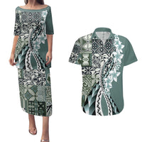 Aloha Vintage Plumeria Hawaiian Tapa Pattern Couples Matching Puletasi and Hawaiian Shirt Dark Turquoise Hawaiian Tapa Pattern LT9 Turquoise - Polynesian Pride